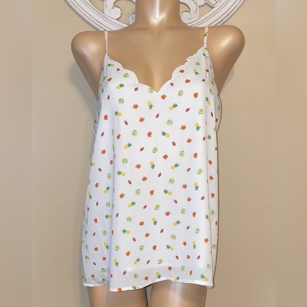 Socialite women’s large 12 14 blouse cami top white fruit v neck stawberry